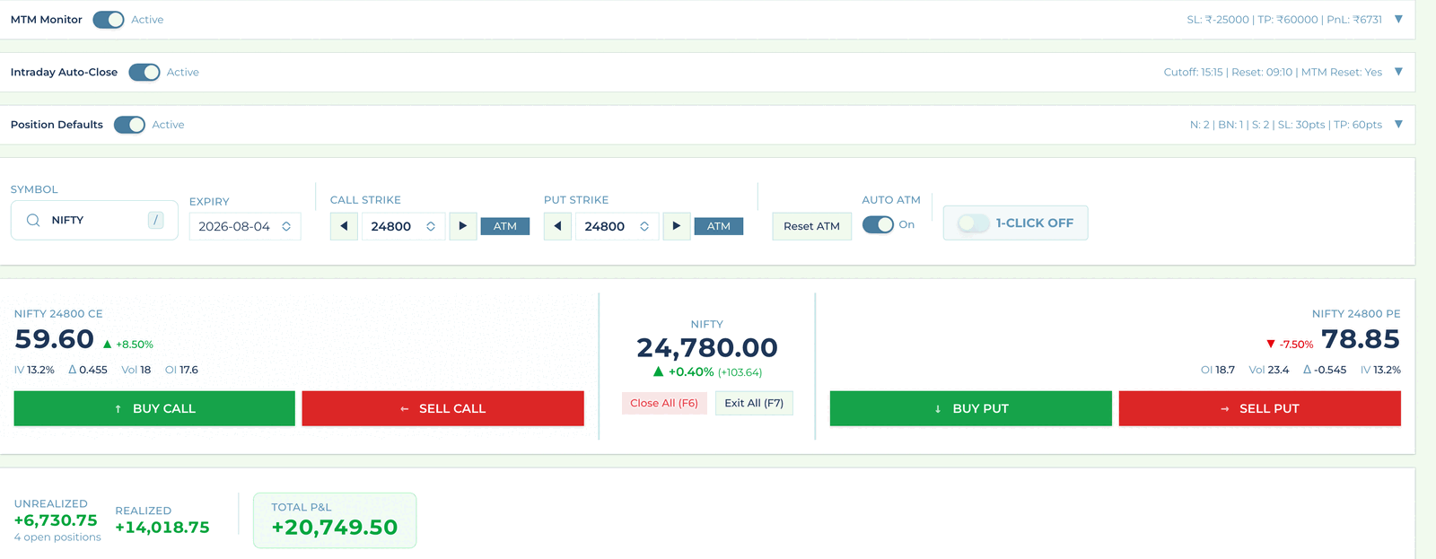 Execution controls showing the active loss cap and target, the intraday auto-close, position defaults, and buy and sell controls for both option legs.