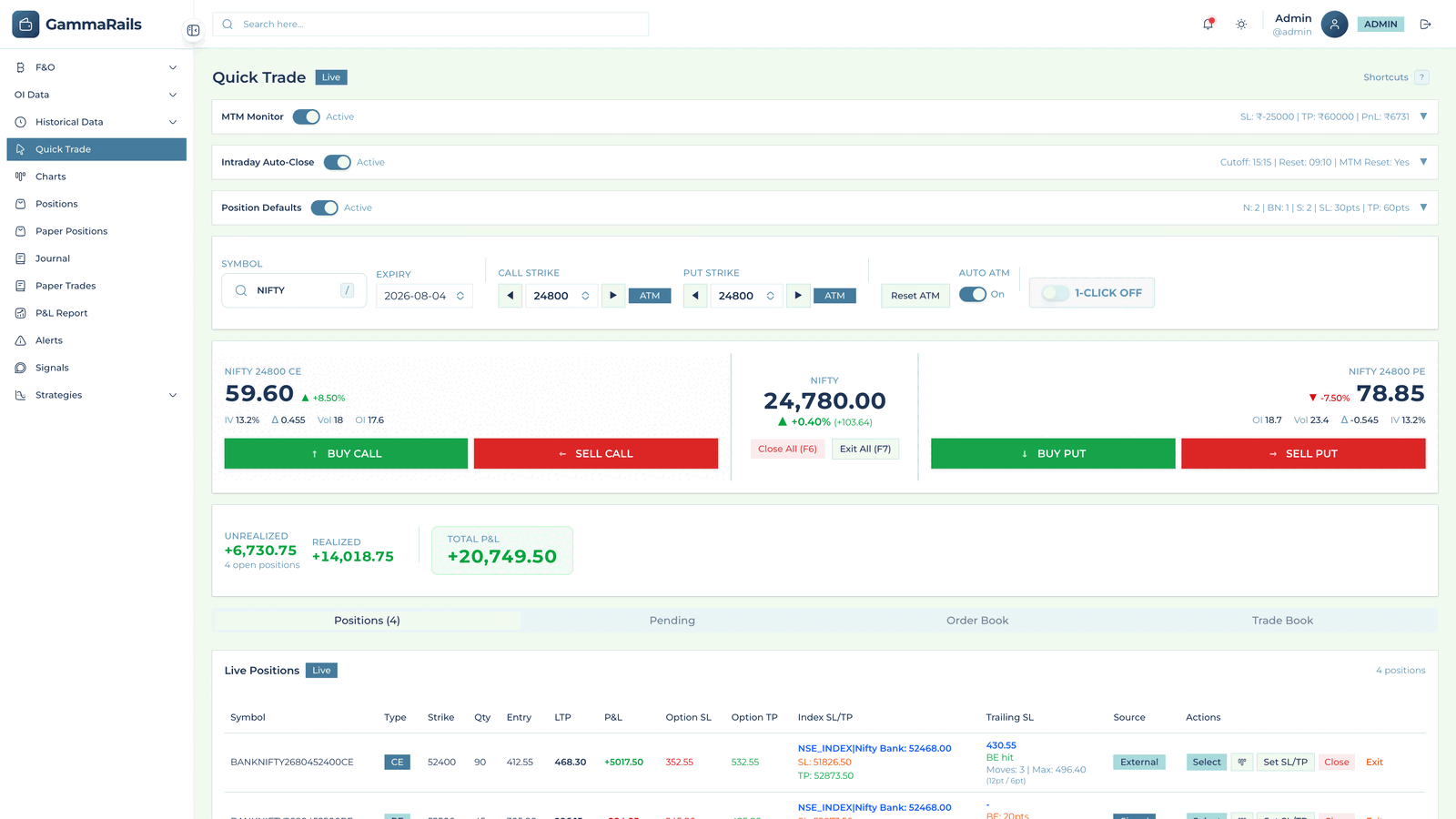 Quick Trade screen with NIFTY call and put prices, buy and sell controls, active loss cap and target, and open positions.